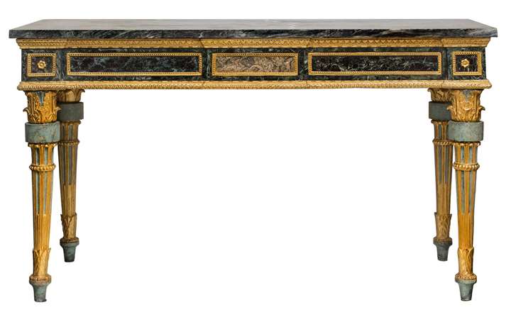 A pair of Roman neoclassical lacca console tables with red and green marble tops